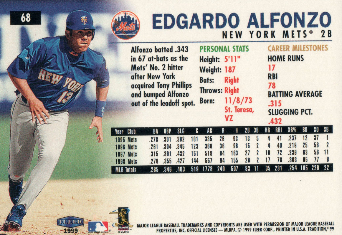 68 Edgardo Alfonzo New York Mets 1999 Fleer Tradition Baseball Card O –  GwynnSportscards