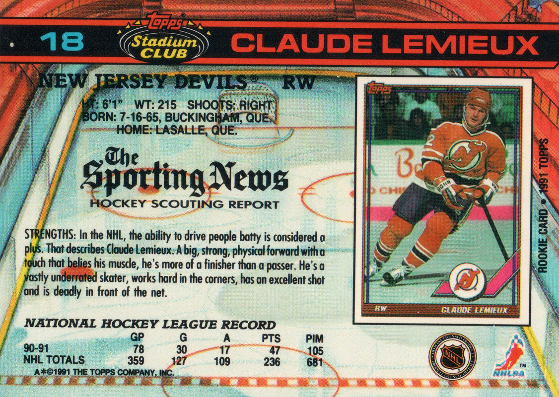 18 Claude Lemieux New Jersey Devils 1990-91 Topps Stadium Club Hockey –  GwynnSportscards