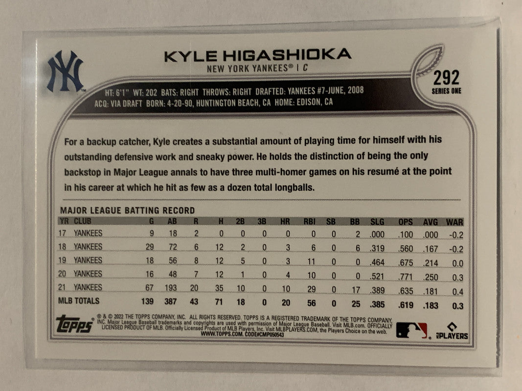 292 Kyle Higashioka New York Yankees 2022 Topps Series 1 Baseball Car –  GwynnSportscards