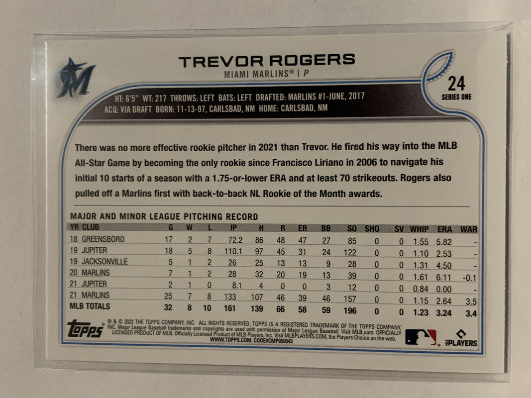  2022 Topps # 24 Trevor Rogers Miami Marlins (Baseball