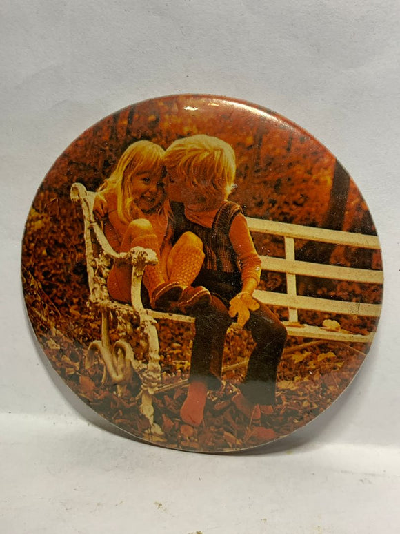 Little Boy and Girl sitting on a White Park Bench  Button Pinback