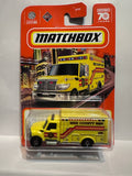 Yellow MBX County EMS 70 Years 38/100 International Workstar Ambulance HKW94 ©2023 Matchbox Diecast Car