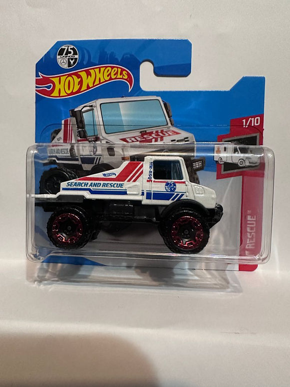 White Search and Rescue Mercedes-Benz Unimog 1300 HW Rescue 1/10 GTC54 188/250 ©2018 Hot Wheels Diecast Car