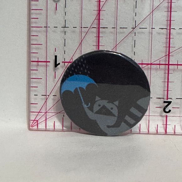 Raccoon Holding Umbrella in the Rain Cartoon  Button Pinback