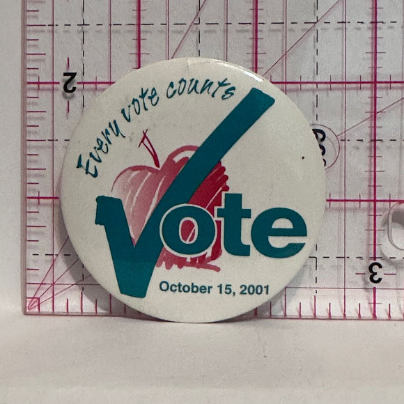 Every Vote Counts Apple October 2001  Button Pinback