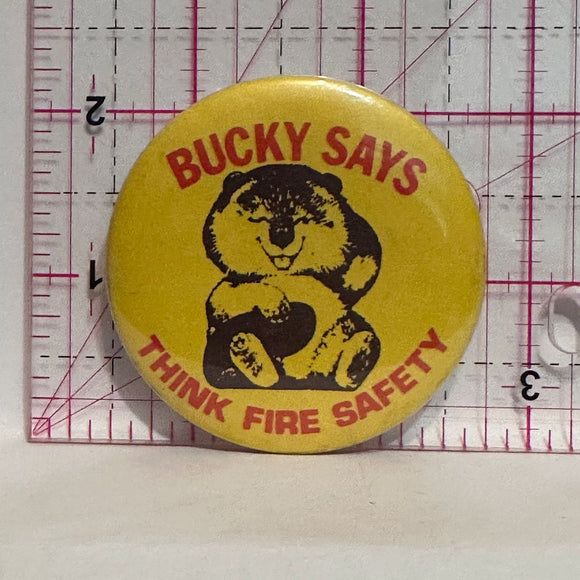 Bucky Says Think Fire Safety Beaver  Button Pinback