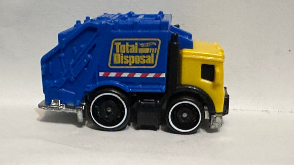 Yellow Blue Total Disposal Garbage Truck GHB66 ©2019 Hot Wheels Diecast Car