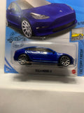 Blue Tesla Model 3 Factory Fresh GHF32 D7C6 2018 Long Card Hot Wheels Diecast Car