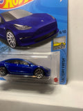 Blue Tesla Model 3 Factory Fresh GHF32 D7C6 2018 Long Card Hot Wheels Diecast Car