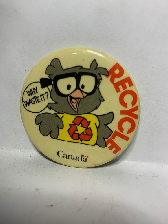 Recycle Canada Owl Macot Why Waste it  Button Pinback