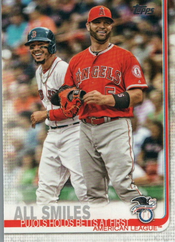 #295 All Smiles Pujols Holds Betts At First American League 2019 Topps Series 1 Baseball