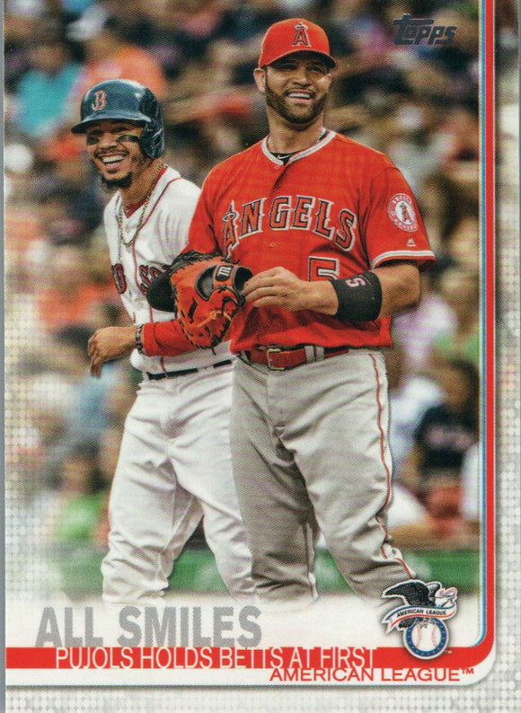 #295 All Smiles Pujols Holds Betts at First Boston Red Sox 2019 Topps Series 1 Baseball Card