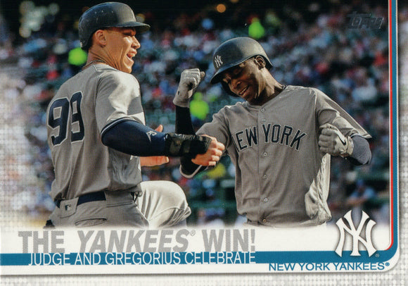 #14 Judge and Gregorius Celebrate The Yankees Win New York Yankees 2019 Topps Series 1 Baseball Card DAW
