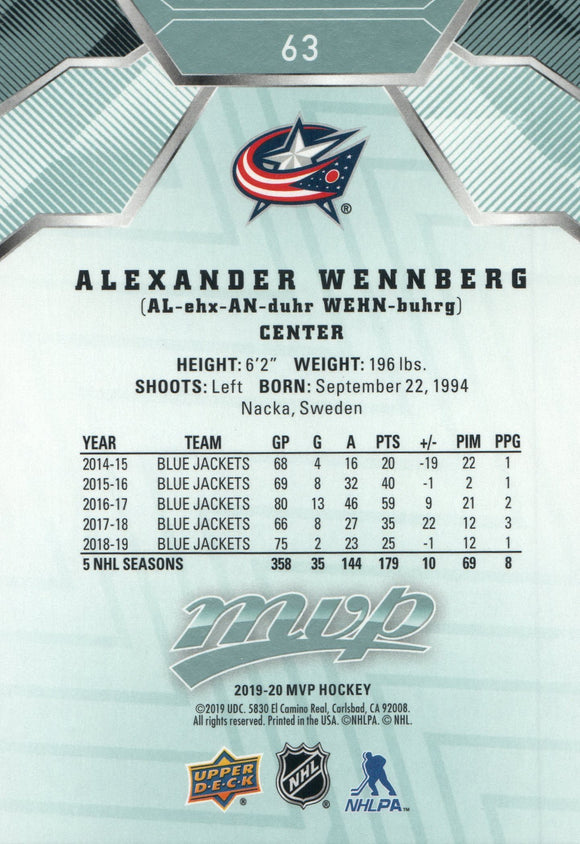 #63 Alexander Wennberg Columbus Blue Jackets 2019-20 Upper Deck MVP Hockey Card