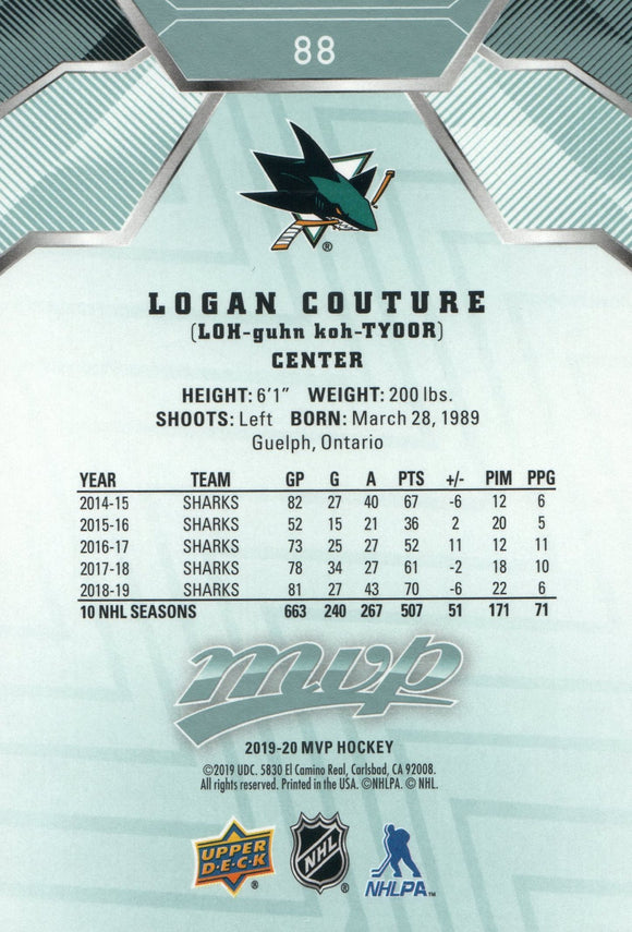 #88 Logan Couture San Jose Sharks 2019-20 Upper Deck MVP Hockey Card