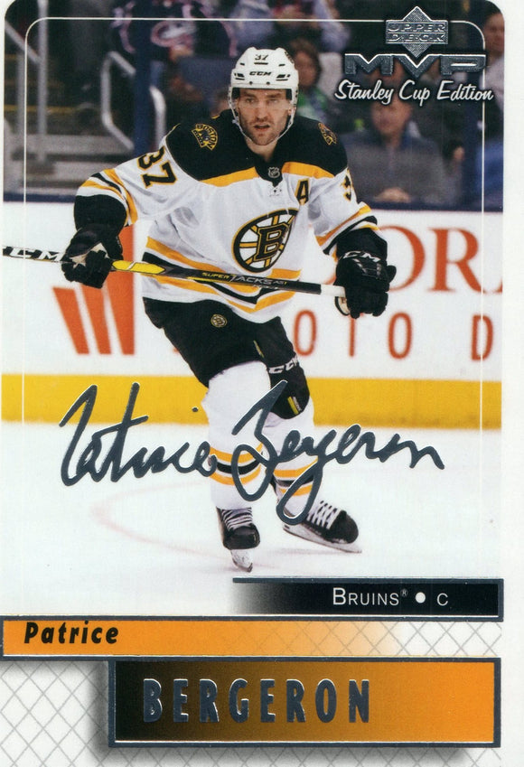 #19 Patrice Bergeron Silver Scripts Stanley Cup Edition Boston Bruins 2019-20 Upper Deck MVP Hockey Card