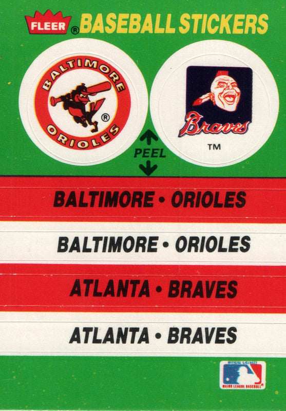 Baltimore Orioles Stickers Atlanta Braves 1988 Fleer Baseball Card OA