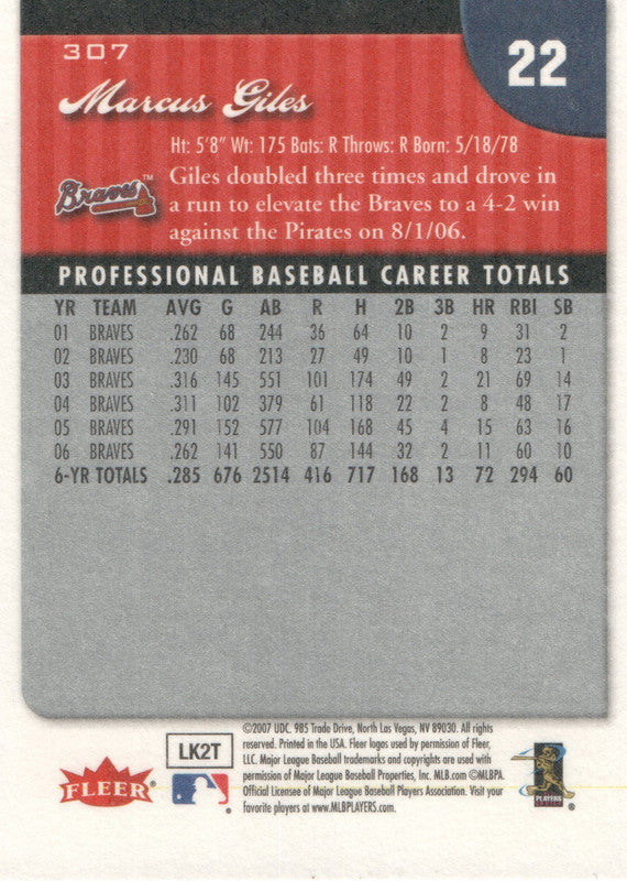#307 Marcus Giles Atlanta Braves 2007 Fleer Baseball Card OA