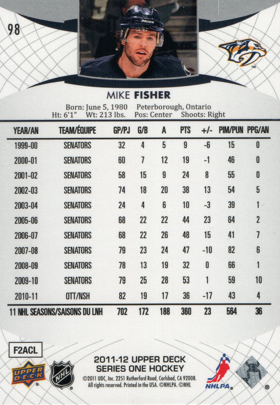 #98 Mike Fisher Nashville Predators 2011-12 Upper Deck Series 1 Hockey Card OA