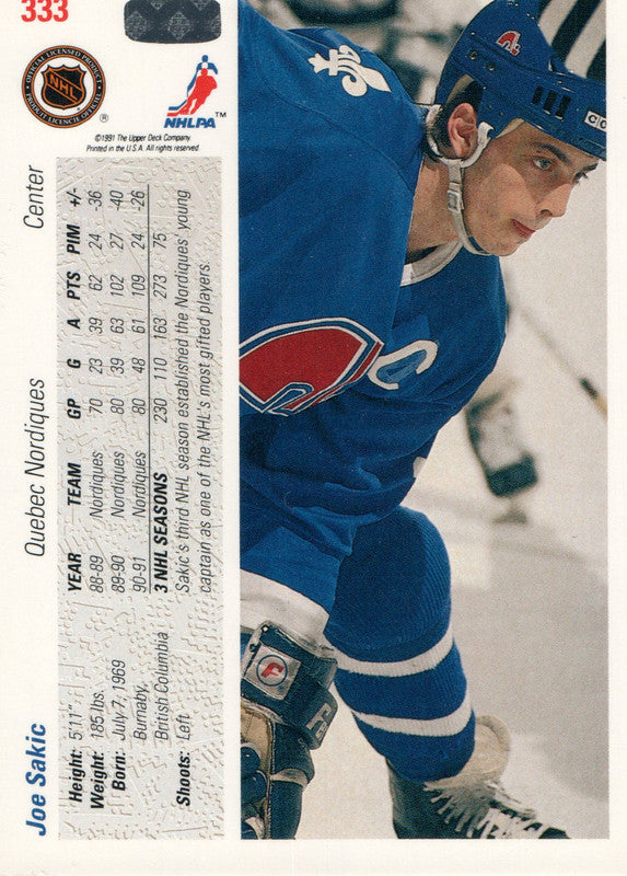 #333 Joe Sakic Quebec Nordiques 1991-92 Upper Deck Hockey Card OA