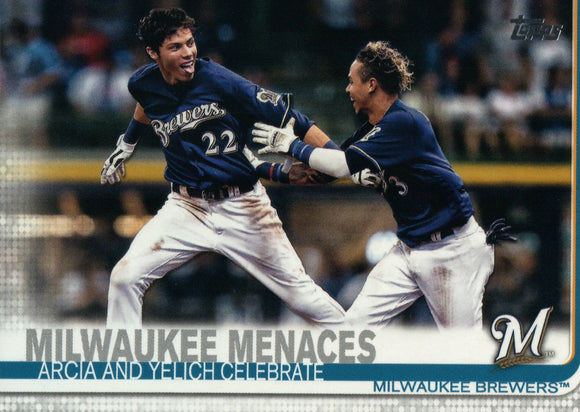 #625 Arcia and Yelich Celebrate Milwaukee Menaces Milwaukee Brewers 2019 Topps Series 2 Baseball Card GAU