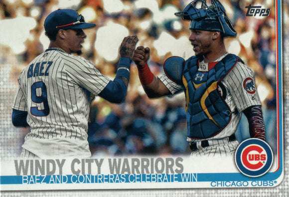 #698 Baez and Contreras Celebrate Win Windy City warriors Chicago Cubs 2019 Topps Series 2 Baseball Card GAZ