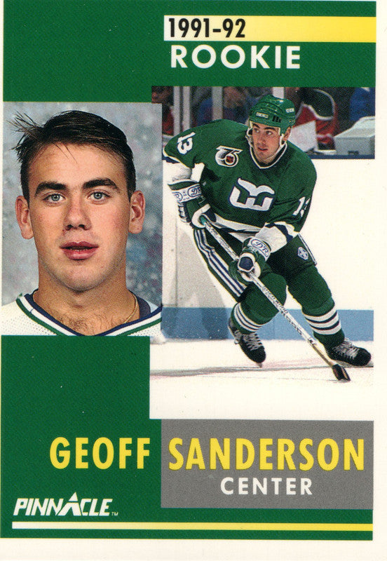 #309 Geoff Sanderson Rookie Hartford Whalers 1991-92 Pinnacle Hockey Card OW