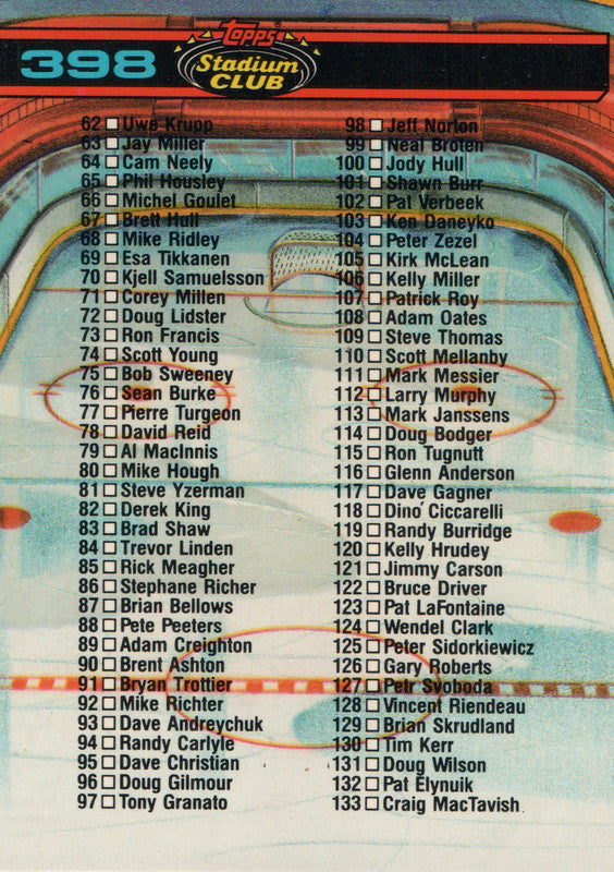 #398 Checklist  1991-92 Topps Stadium Club Hockey Card OX