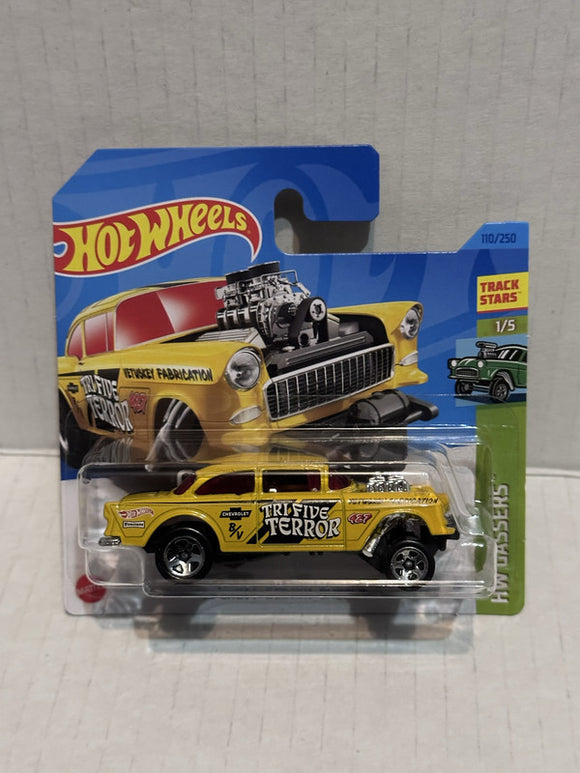 Yellow Tri Five Terror '55 Chevy Bel Air Gasser HW Gassers 1/5 110/250 2021 Hot Wheels Diecast Car