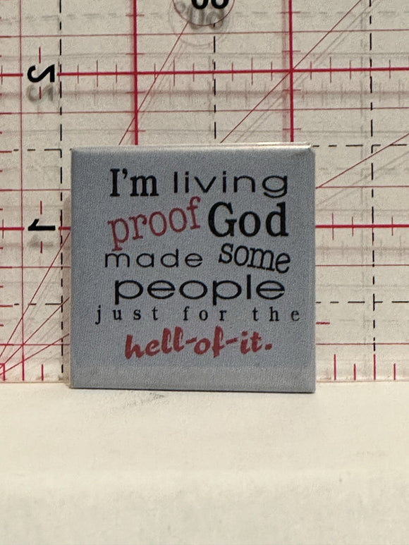I'm Living proof God Made Some People just for the Hell of it Button Pinback