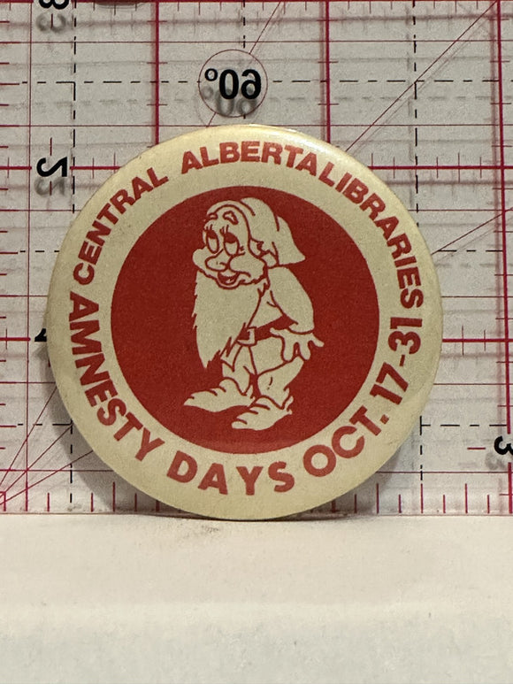 Central Alberta Libraries Amnesty Days Oct Dwarf Mascot Button Pinback