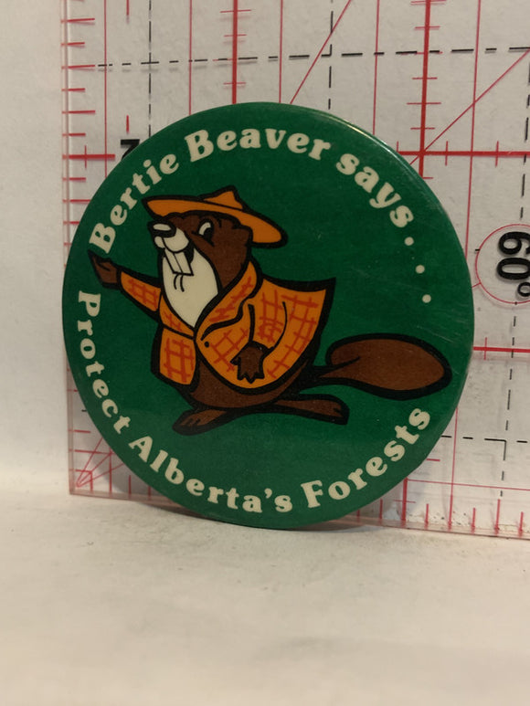 Bertie Beaver says Protect Alberta's Forest Button Pinback